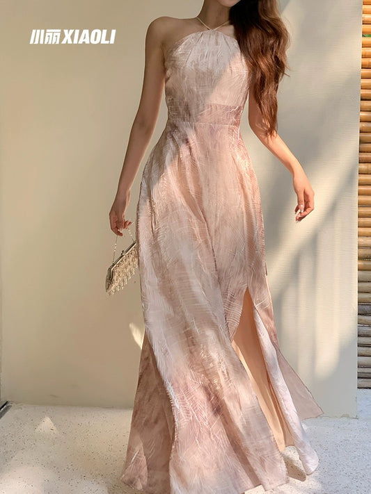 XIAOLI Floating Sand Song Halter Neck Long Dress Spring and Summer French Retro Temperament A-line Skirt