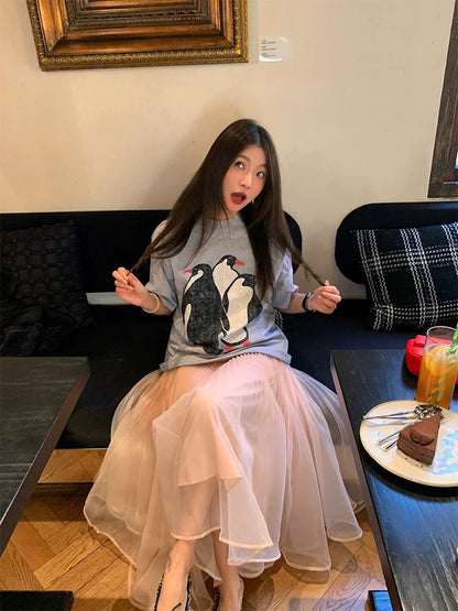 Luoluoxianjie niche design tops for women 2025 new gray printed short-sleeved T-shirts for small people loose