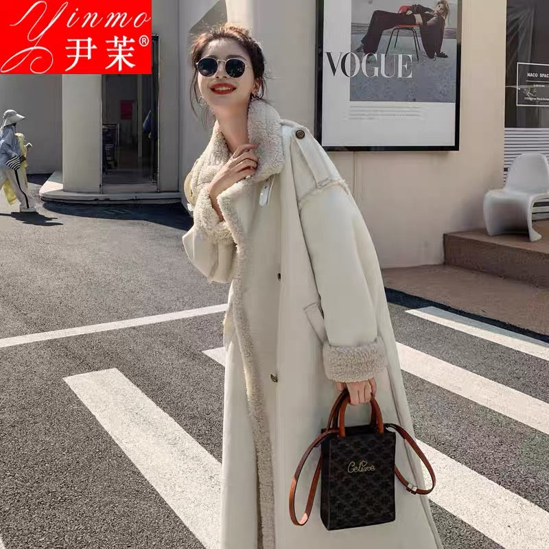 2023 new winter lamb wool coat women's fur all-in-one coat mid-length high-end loose thickened cotton coat