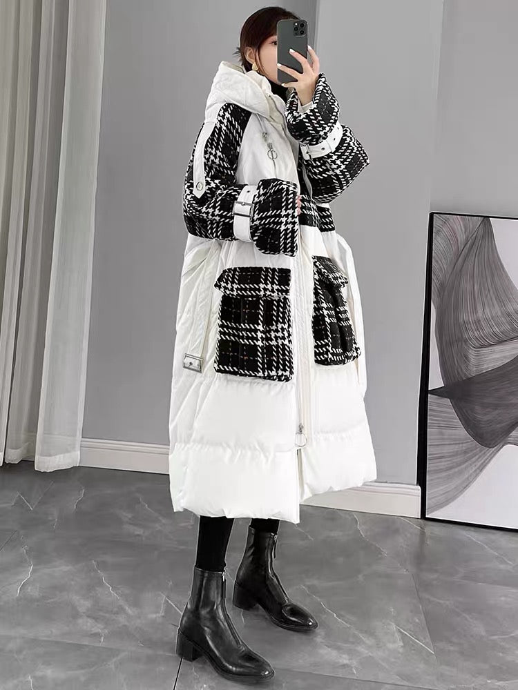 White down jacket for women 2023 new winter women's spliced long over-the-knee white duck down thickened hooded jacket