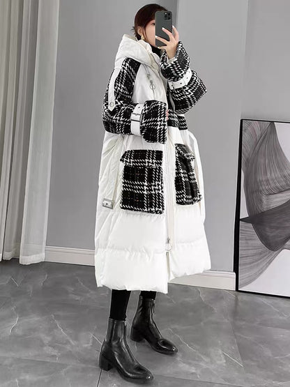 White down jacket for women 2023 new winter women's spliced long over-the-knee white duck down thickened hooded jacket
