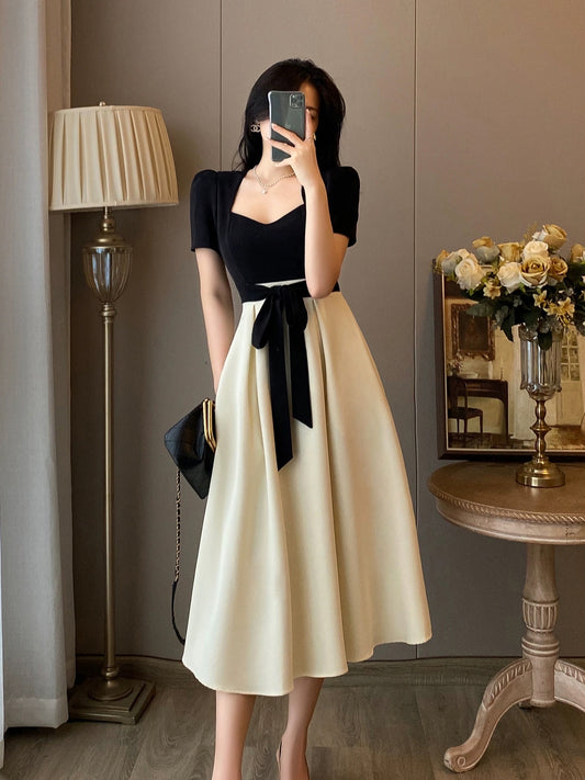 French style small fragrance square collar dress women 2023 summer new Hepburn style high-quality temperament high waist slimming dress