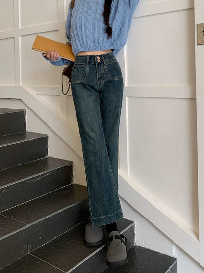 PPHOME Casual and Versatile~ Small straight-leg bootcut jeans for autumn and winter high-waisted cigarette pants and nine-minute long pants