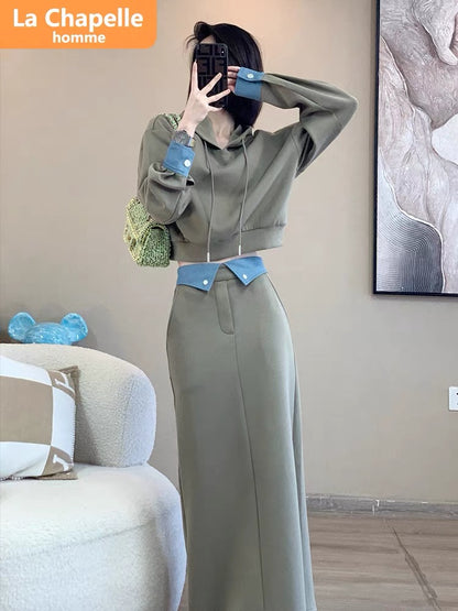 La Chapelle casual sports suit skirt women's autumn 2023 new hooded sweatshirt design skirt two-piece set