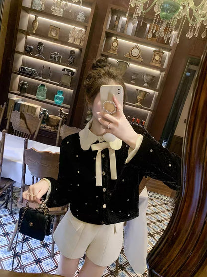 Fish Rabbit's rabbit doll collar coat for women 2023 new winter lady style bow woolen black top