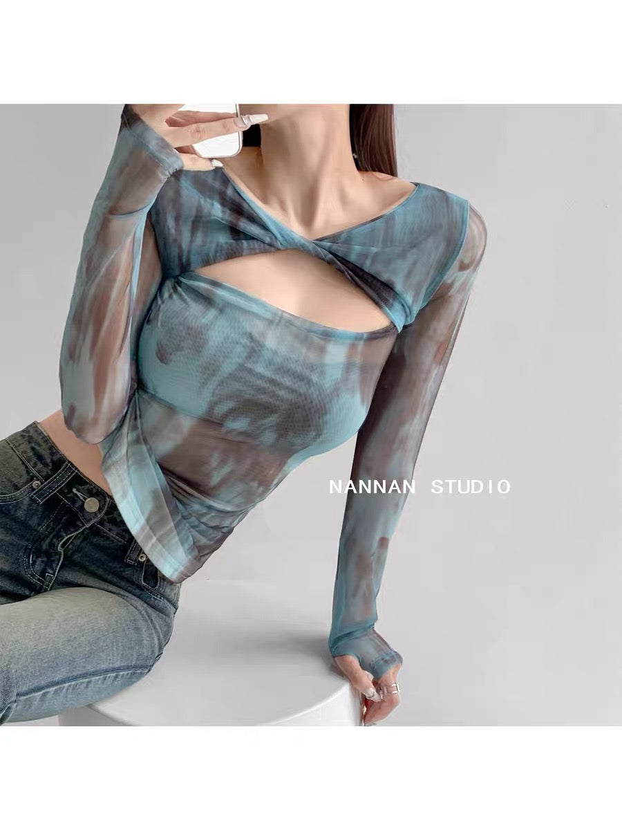 Pure lust!! Knotted hollow design mesh long-sleeved top for women summer sun protection thin tie-dye T-shirt trendy (S0815)