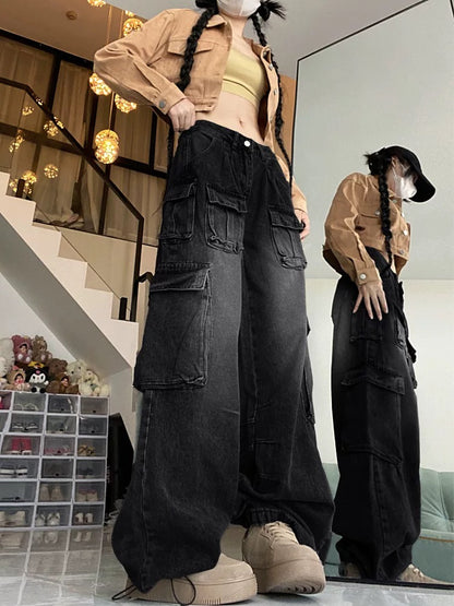Retro jeans women's autumn multi-pocket design trendy niche high street American workwear women's wide-leg loose