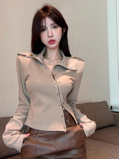American autumn and winter retro design half-high collar diagonal double zipper rivet sweatshirt jacket women's short cardigan long-sleeved top