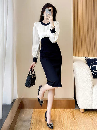 Long-sleeved dress for women in autumn 2023 new royal sister style fashionable temperament black and white contrasting color waist slimming hip skirt