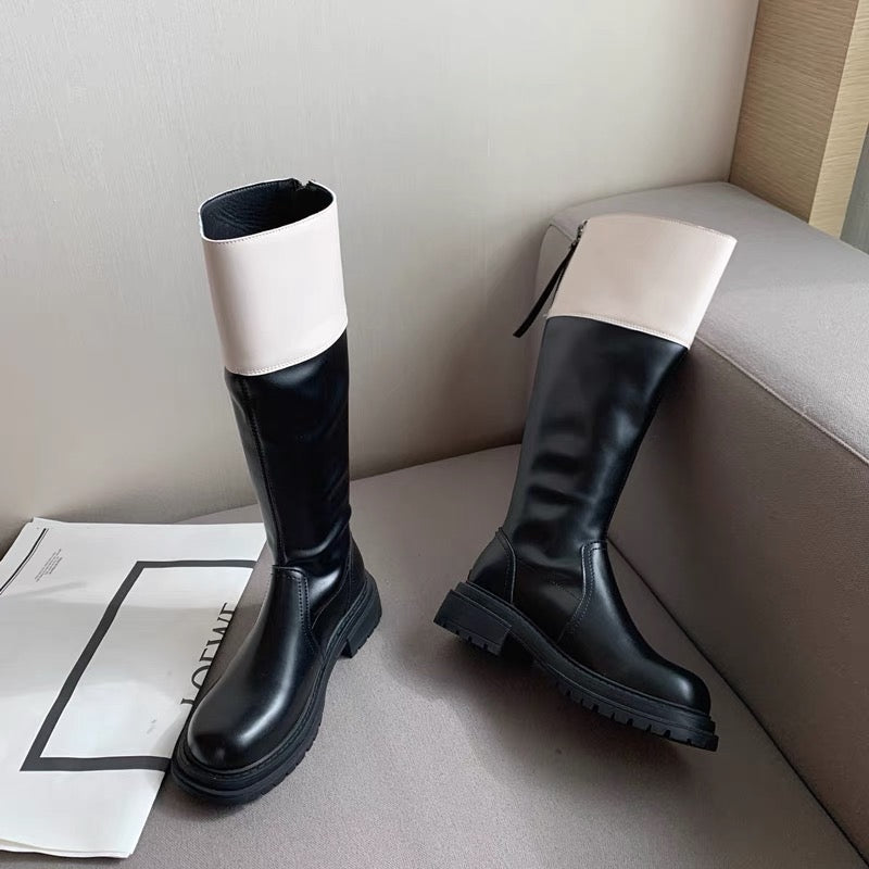 Super cool~Xiaoxiangfeng color matching thick-soled high-tube boots for women
