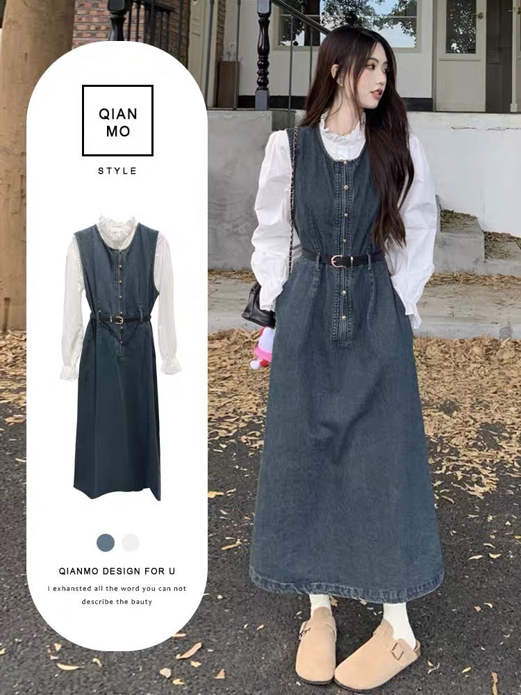 Early autumn new temperament retro denim dress suit women's suspender long skirt stand collar white shirt two-piece set (S0971)