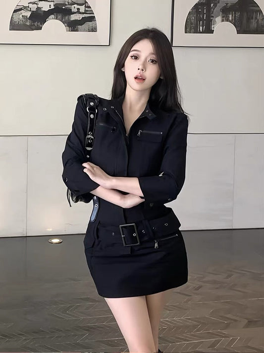 MOXI sweet cool hot girl black mid-sleeved summer tooling dress female American retro design sense slim skirt