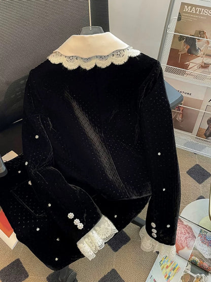 2023 new autumn style temperament diamond velvet short jacket women's skirt lace splicing small fragrance two-piece suit