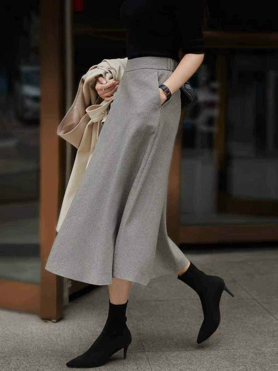 [QZE663916FG] Xiaohange retro style Hepburn style big swing houndstooth A-line skirt