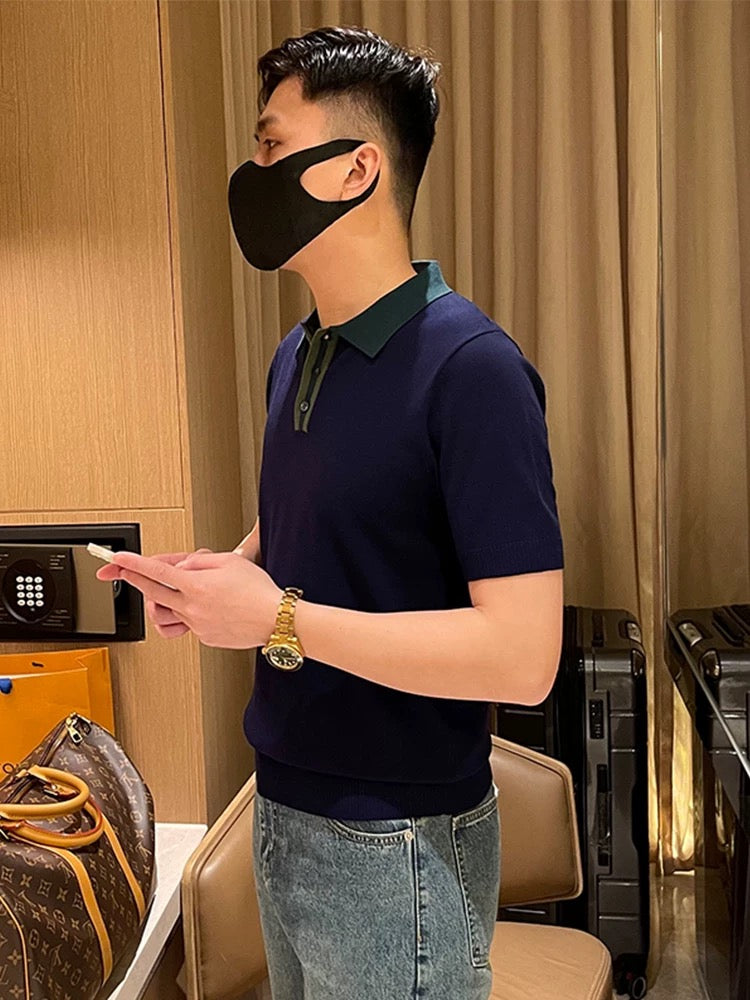 Summer new contrast color collar knitted tops men's T-shirt short sleeve business slim clothes lapel polo shirt men