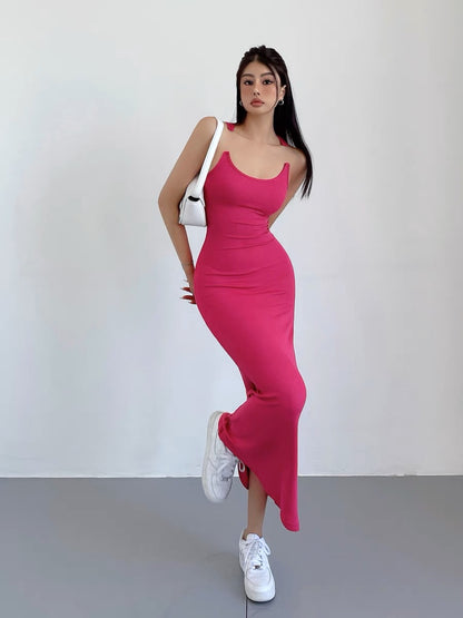 liviahome European and American invisible fishing line suspender dress for women summer i hot girl tight sexy hip-covering long skirt (D214)