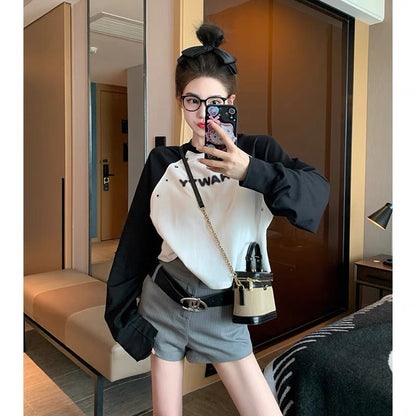 Contrast color raglan printed round neck sweatshirt for women 2023 new early autumn design niche casual short top super (B6914)