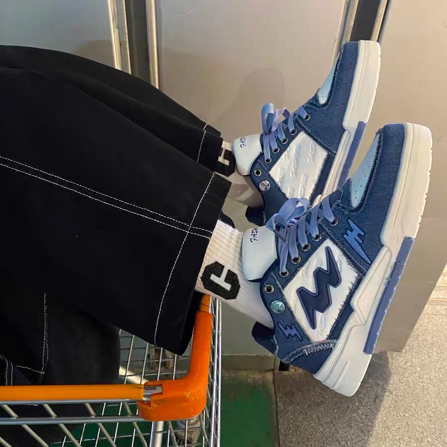 Guochao ins style denim blue splicing trend moral training shoes male chic niche hit color retro couple sports shoes