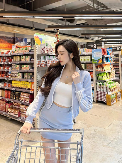 Shanxi said light blue stand-up collar long-sleeved coat U-neck vest high-waisted skirt women's college style sports three-piece suit (B8892)