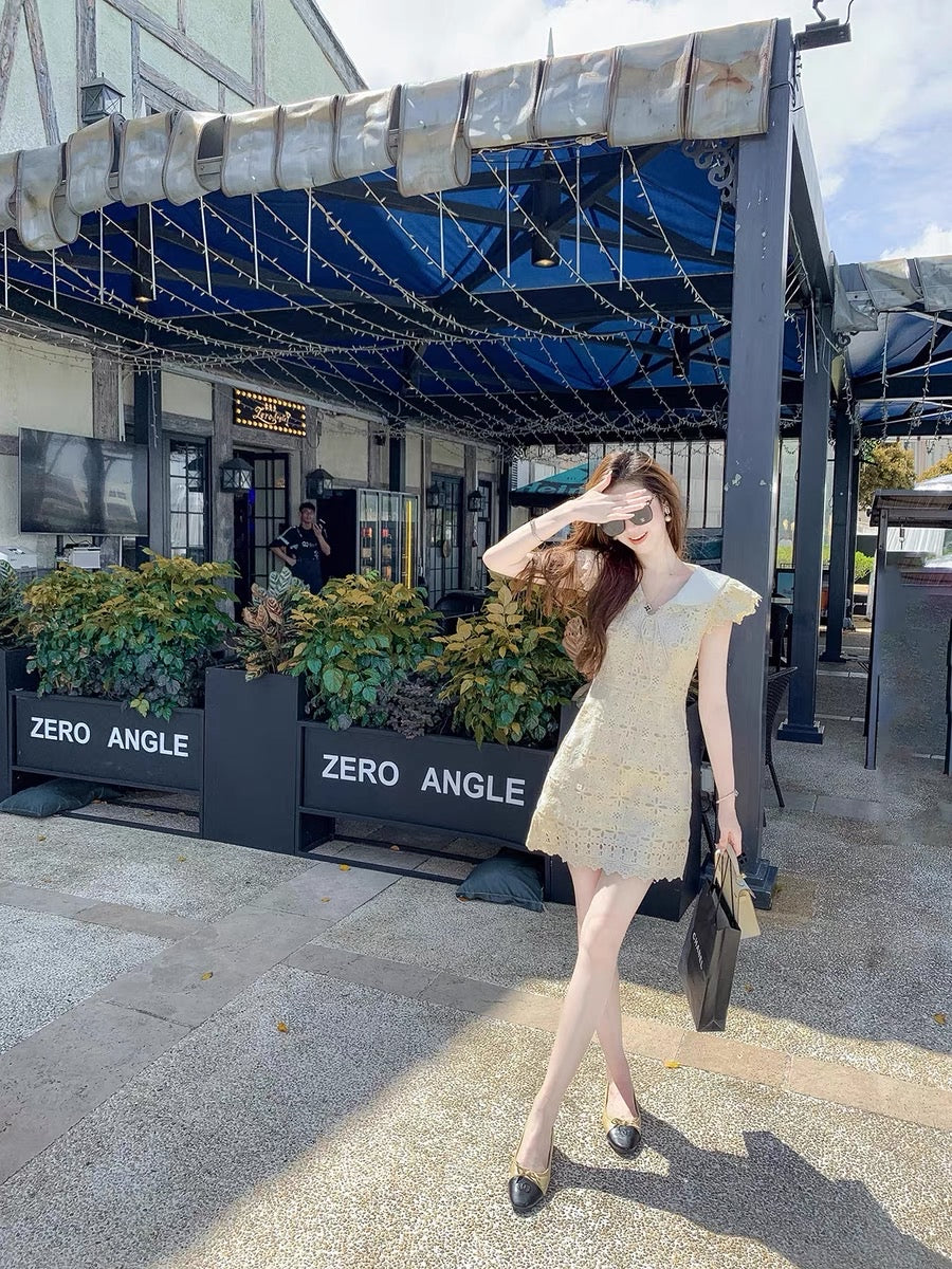 Fish Rabbit's Rabbit Fragrance Dress Female 2023 New Hollow Small Flying Sleeve Doll Collar A-Line Skirt