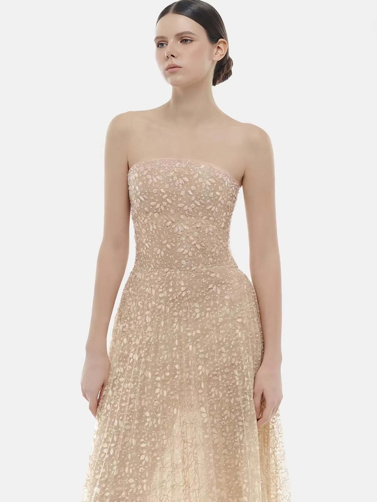Summerrose French-Elegant Strapless Lace Gown – A Sophisticated, Luxe-Feel Maxi Dress Perfect for Banquets, Formal Occasions, and Vacations