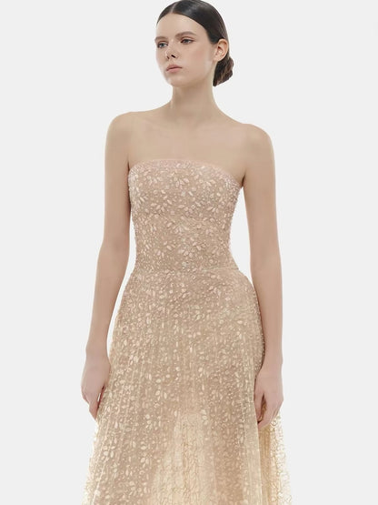 Summerrose French-Elegant Strapless Lace Gown – A Sophisticated, Luxe-Feel Maxi Dress Perfect for Banquets, Formal Occasions, and Vacations
