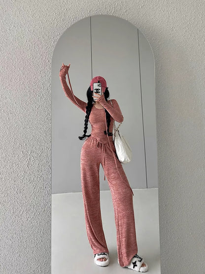 YoungGirlDay pure lust style slim-fitting long-sleeved T-shirt high-waisted drawstring casual pants floor-length trousers suit (B1812)