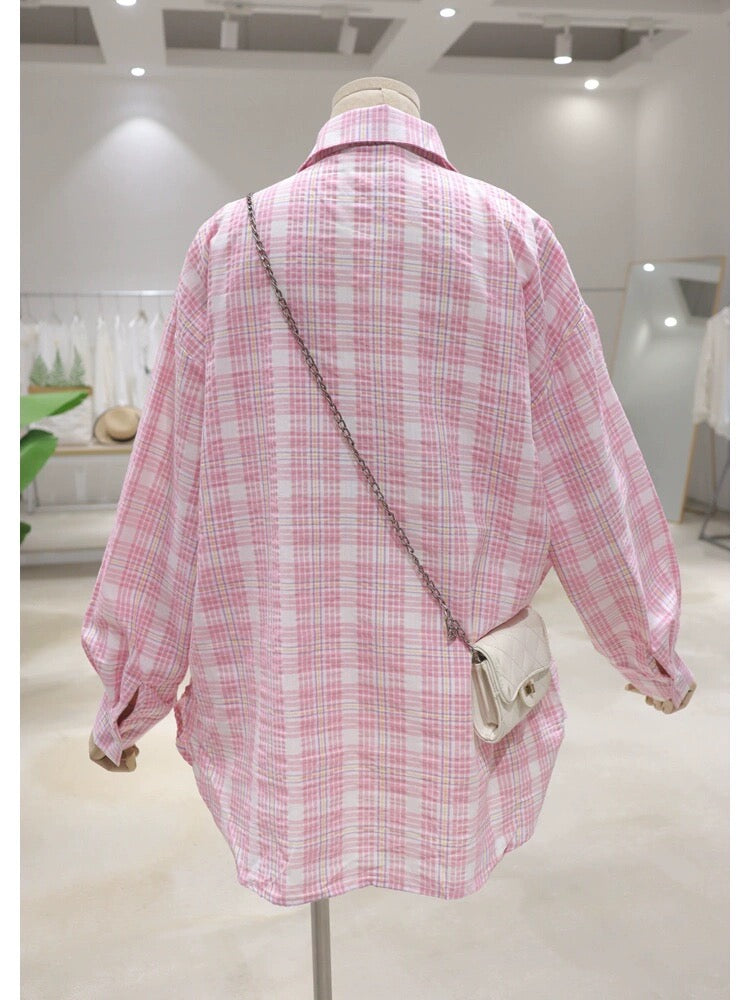 Skin-colored breathable cartoon pattern printing 2024 summer loose medium-length over-hip plaid long-sleeved shirt for women