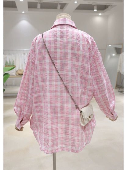 Skin-colored breathable cartoon pattern printing 2024 summer loose medium-length over-hip plaid long-sleeved shirt for women