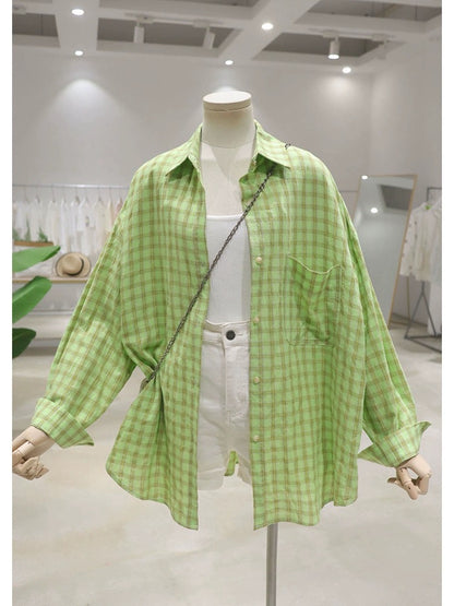 Skin-colored, thin and breathable 2024 summer loose and slim medium-length cotton long-sleeved sun-proof plaid shirt for women