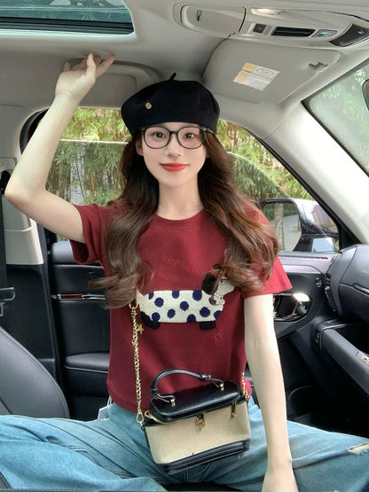 Red puppy embroidered short-sleeved T-shirt for women 2025 new spring and summer retro age-reducing design shoulder short top