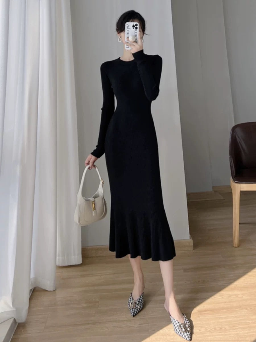 Elegant and temperamental knitted dress for women in autumn and winter, slim and slim fit with coat, over-the-knee ruffled sweater skirt