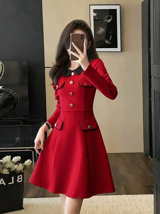 French style red dress for women in autumn 2023 new high-end waist slimming and slimming skirt