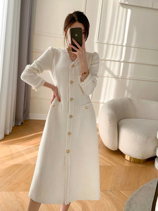FT GUOGE white dress for women 2023 autumn new V-neck high-end French style light luxury small fragrance style long skirt