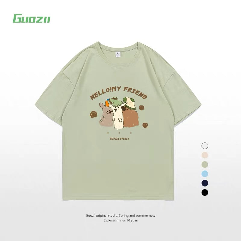 Guozii cute puppy raglan short-sleeved T-shirt female original design small oversize pure cotton top summer