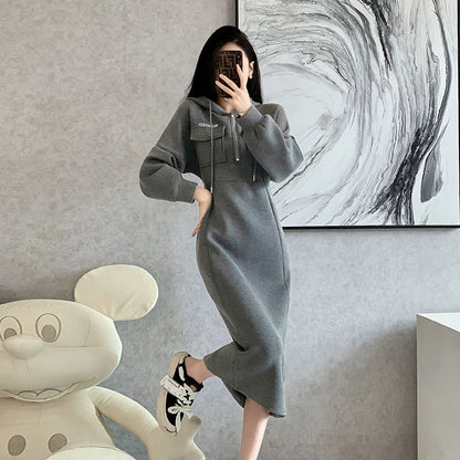 Hooded mid-length velvet thickened sweatshirt skirt women's autumn and winter 2023 new European high-end casual dress