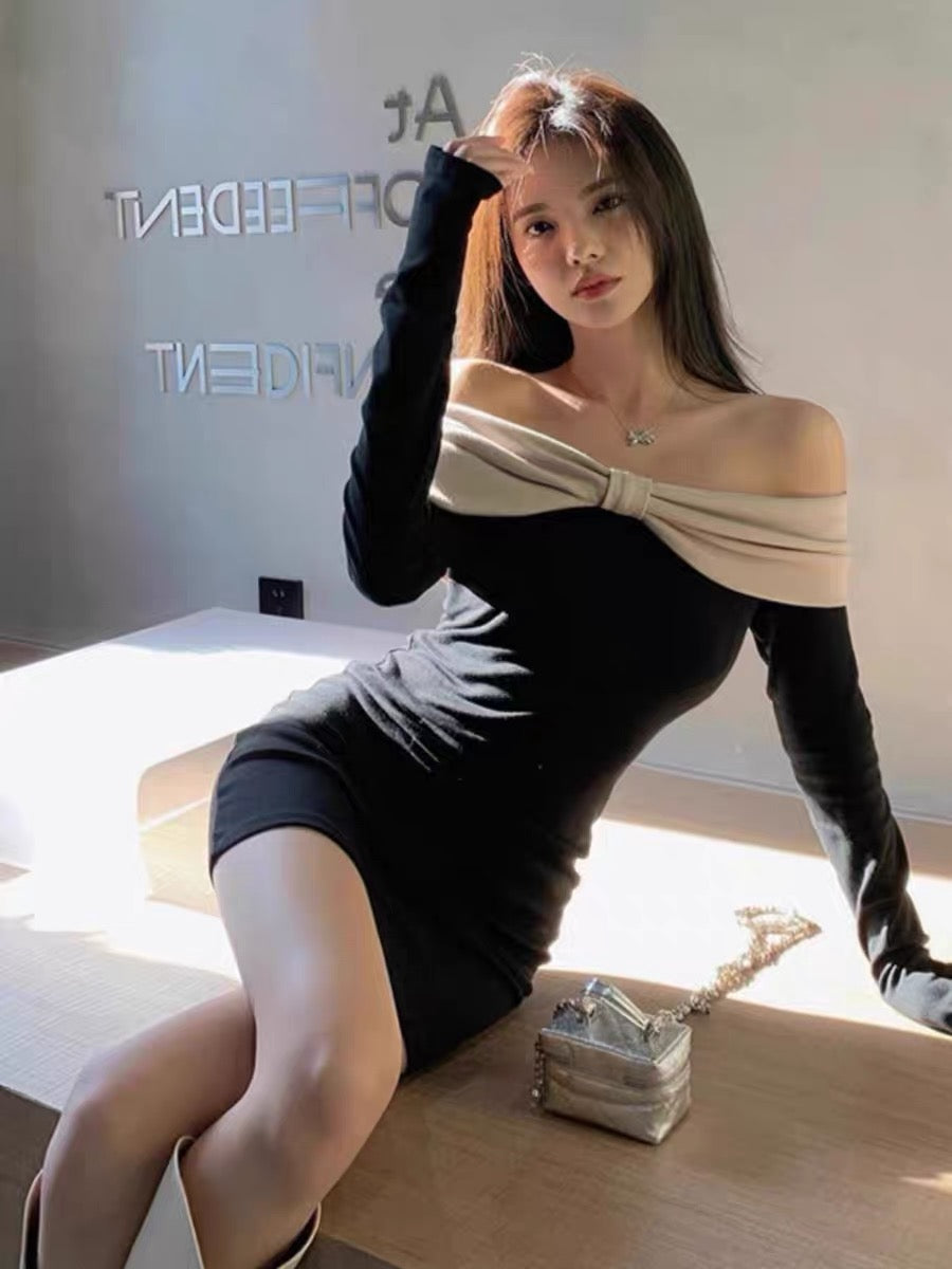 Hot and sexy design, contrasting bow strapless dress, sexy slim fit, hip-hugging, one-shoulder little black dress for autumn A2285