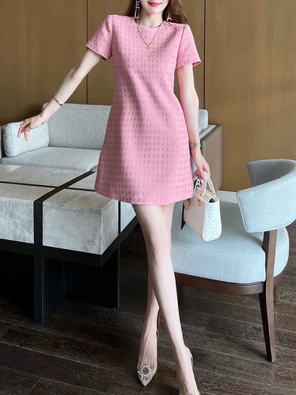 2023 new summer style high-end socialite temperament small fragrance heavy industry hot diamond short-sleeved slimming A-line dress to reduce age