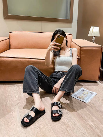 Mr. h/RV one-word double-strap leather sandals for women 2023 summer new style square buckle rhinestone outer wear thick-soled transparent slippers (S0126)