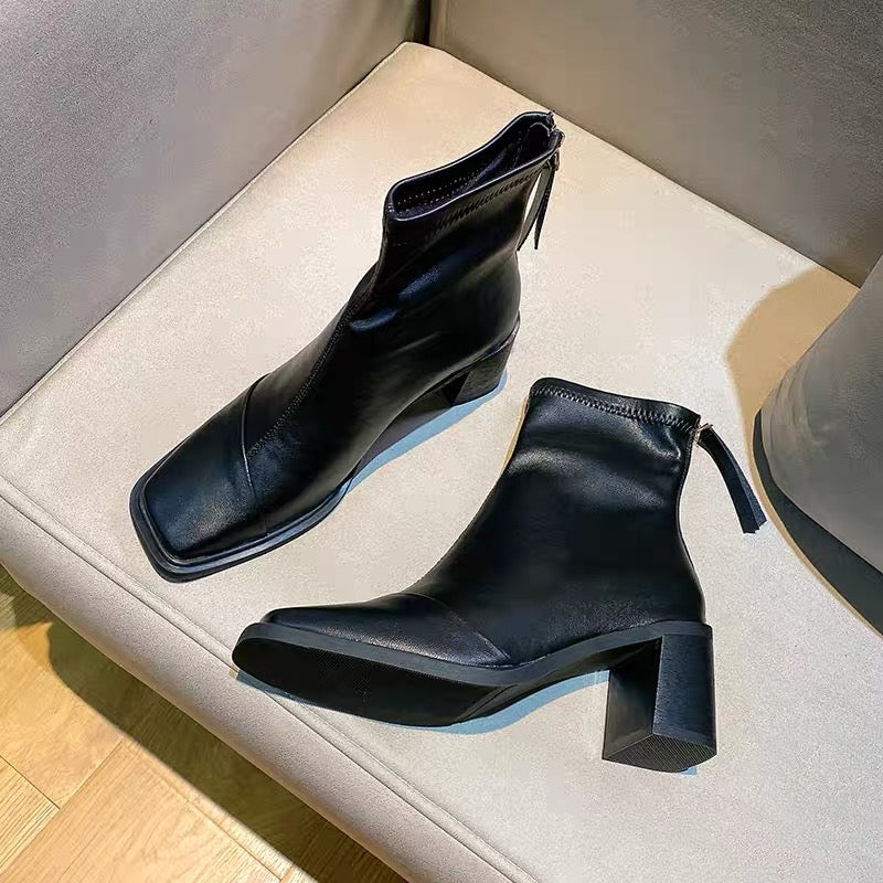Uncle MJ square toe back zipper design, thin, versatile and easy to wear chunky heel ankle boots