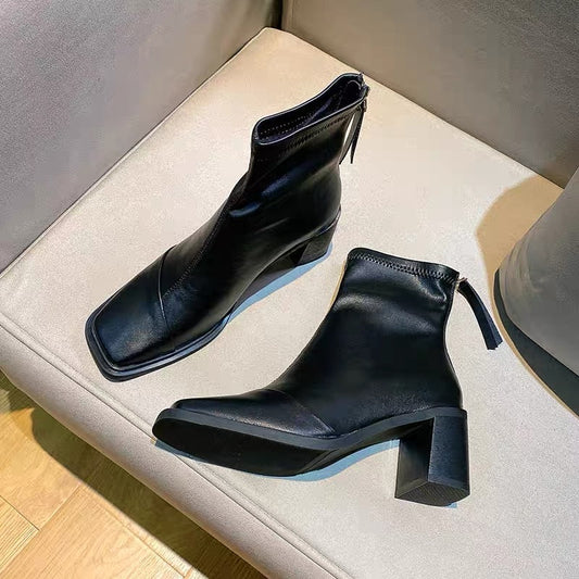Uncle MJ square toe back zipper design, thin, versatile and easy to wear chunky heel ankle boots