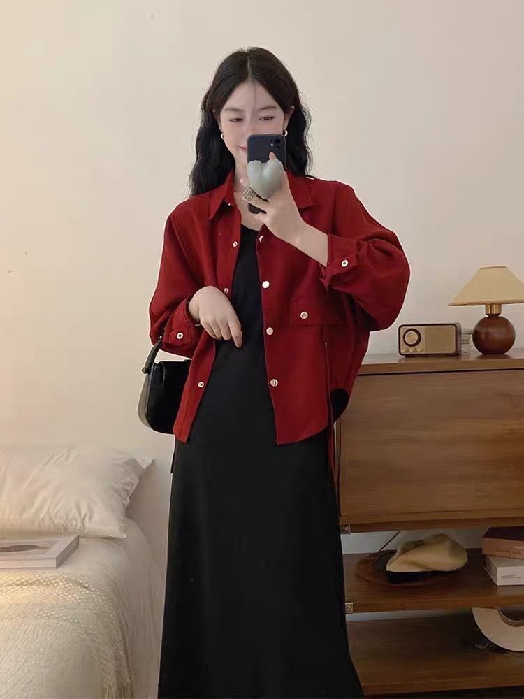 Early autumn new large size dress suit women's red short coat + black vest long skirt casual two-piece set (S0972)