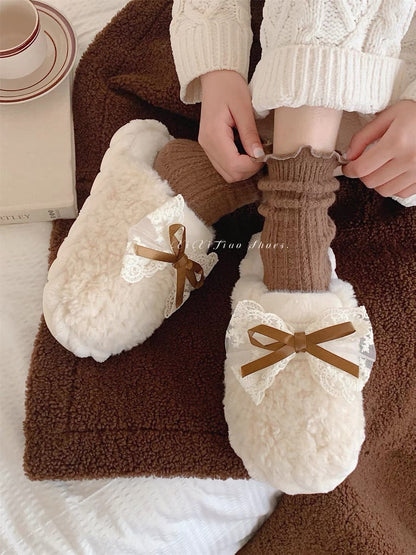 Thin Strips Couple Cotton Slippers Autumn and Winter Men and Women Fashion Home Warm Korean Style Bow-tie Furry Shoes ins