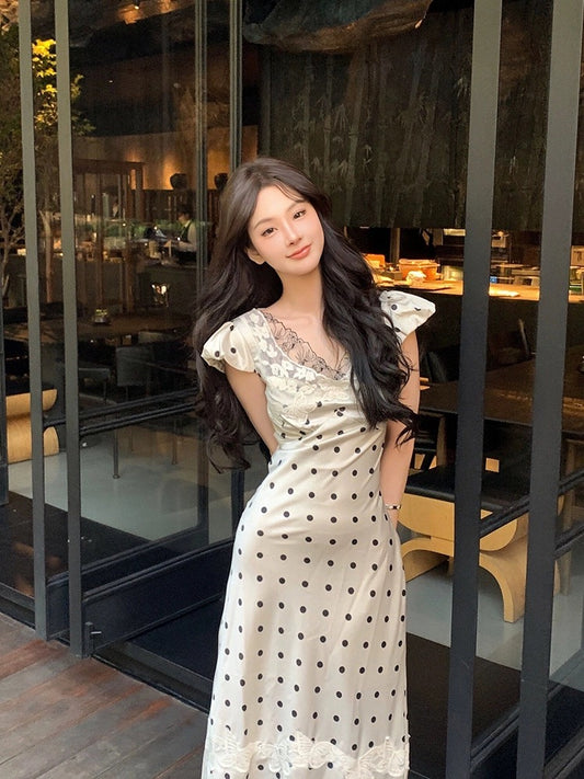 STRIVE/Yumiko fat mm French design polka dot dress women's spring and summer retro pure lust satin long skirt