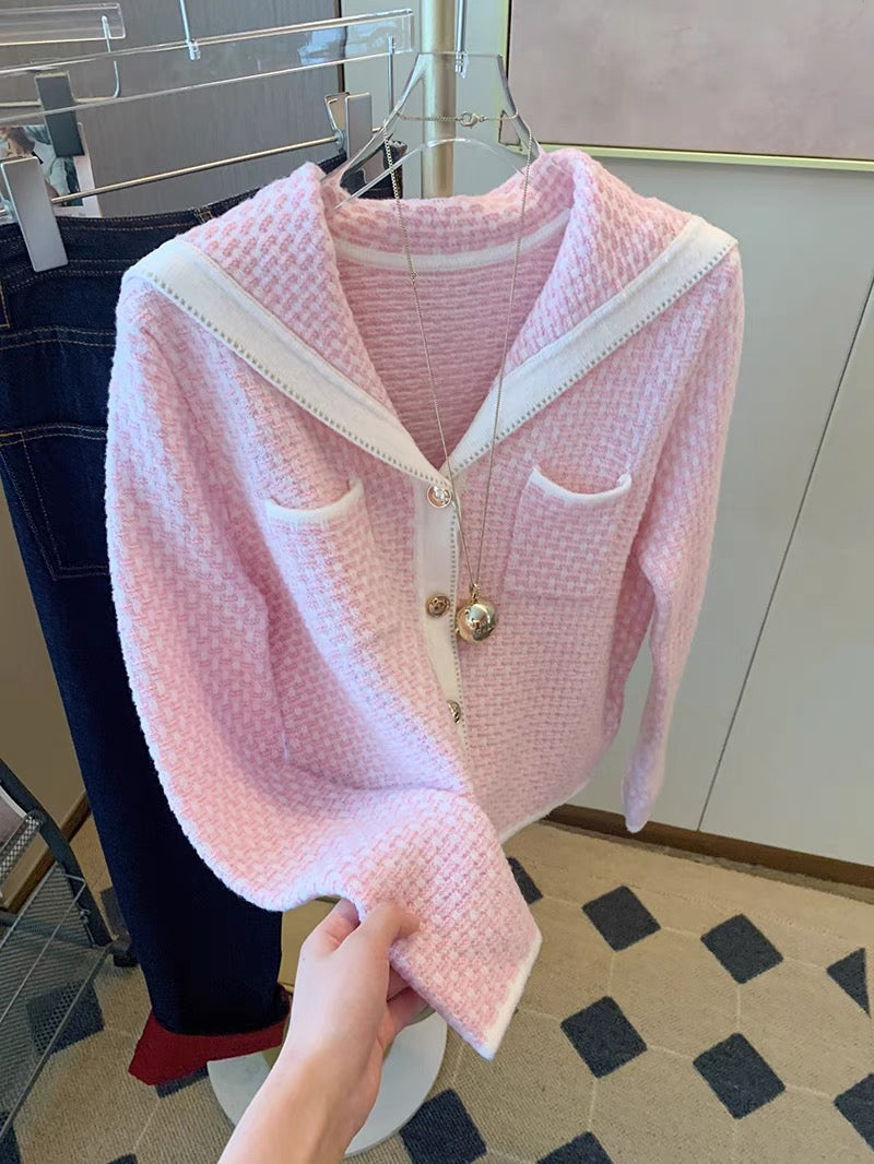 Xiaoxiang style pink navy collar knitted cardigan autumn and winter women's 2023 new style gentle style sweet short sweater jacket