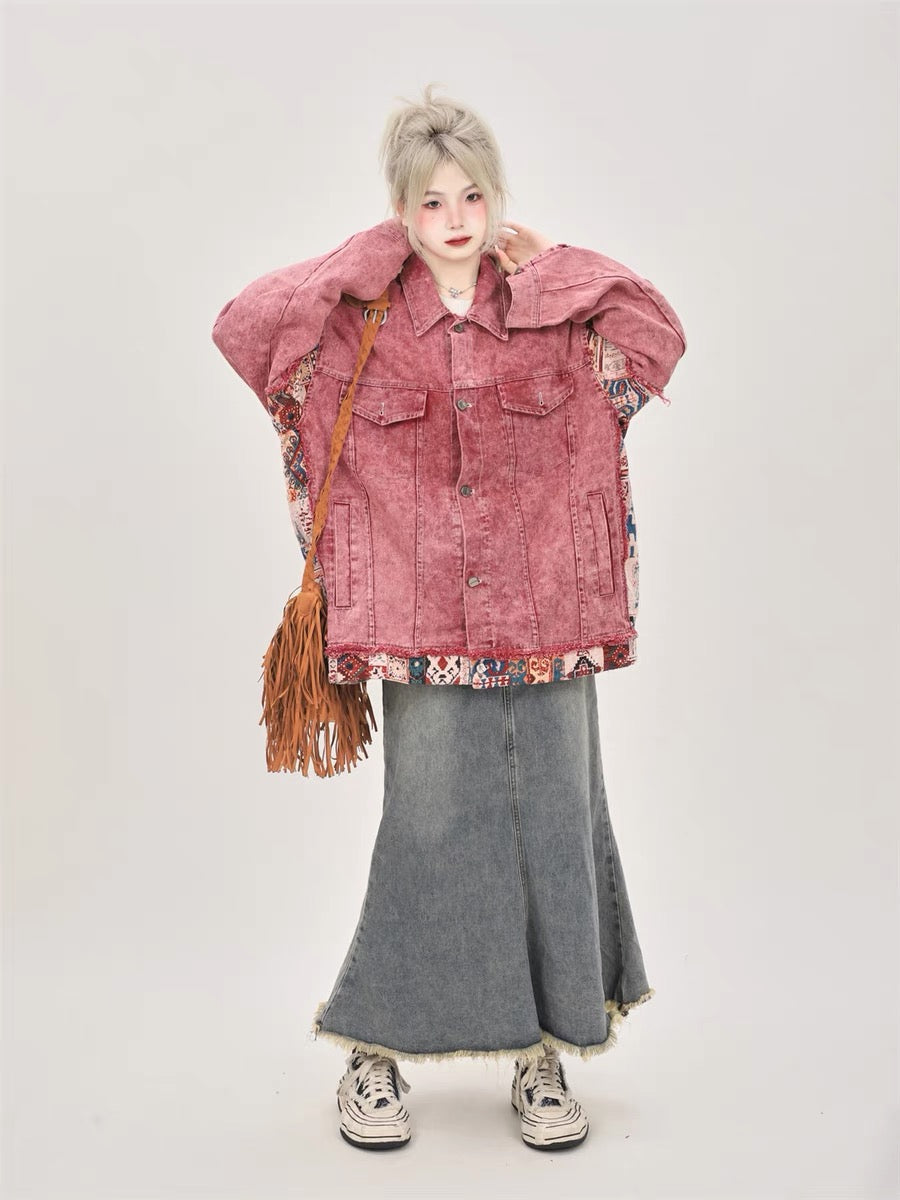 American retro dirty pink vintage denim jacket for women spring and autumn 2023 loose design niche jacket top A3355