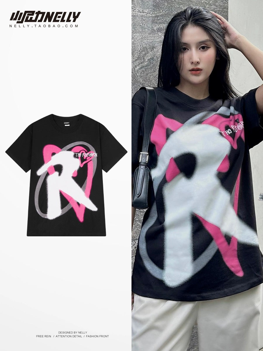 ins trendy brand design love letters printed heavyweight pure cotton short-sleeved t-shirts for men and women street style couple tops