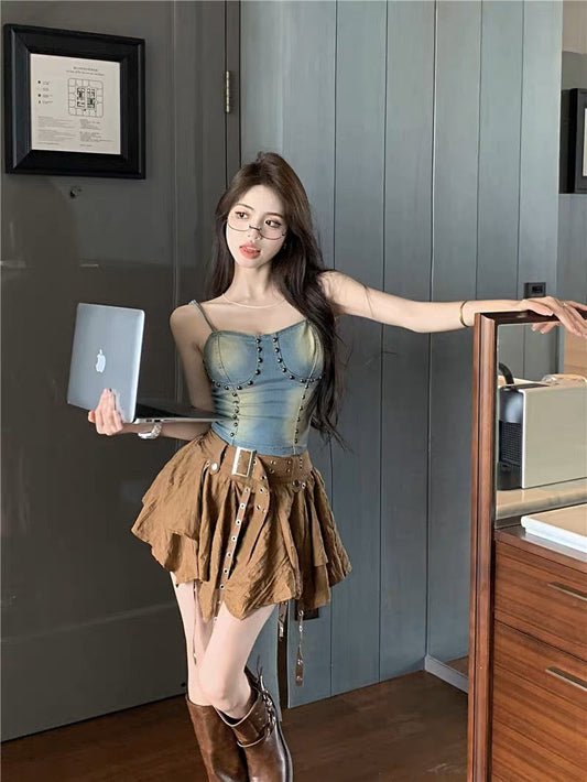 Retro hot girl denim camisole women's summer small short short section slim fit and thin halter top outerwear