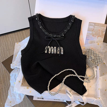 Light luxury sequined diamond-studded vest women's summer careful machine strap digging shoulder top stitching lace lace sleeveless T-shirt