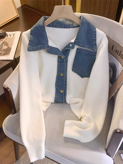 Autumn Knitwear Women's 2023 New Casual Slim POLO Collar Spliced Cardigan Fashionable and Versatile Outerwear Tops for Women V1131